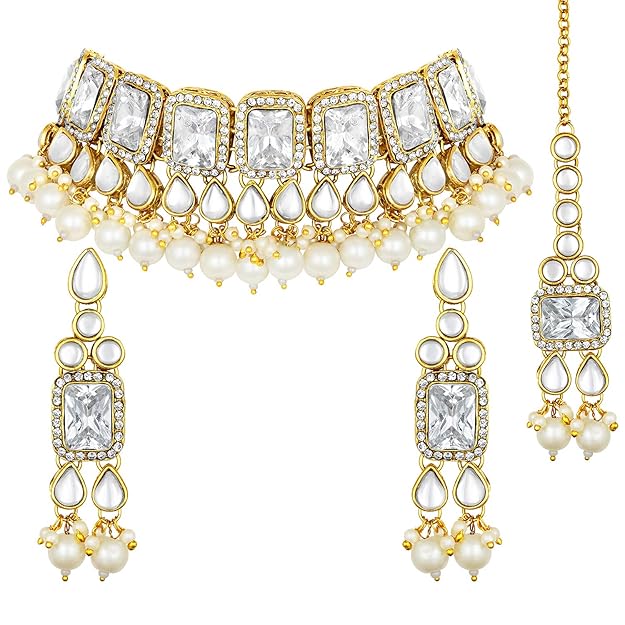 Crystal Collar Necklace in Faux Pearl and Kundan Style Necklace Jewellery Set for Women