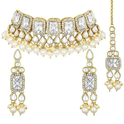 Crystal Collar Necklace in Faux Pearl and Kundan Style Necklace Jewellery Set for Women