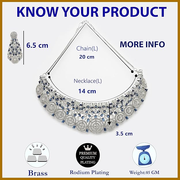 American Diamond Necklace Set in Rhodium Plated Silver Toned AD Choker Necklace with Earrings Jewellery Set for Women and Girls
