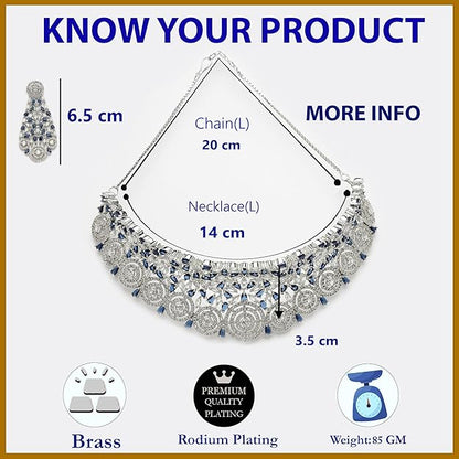 American Diamond Necklace Set in Rhodium Plated Silver Toned AD Choker Necklace with Earrings Jewellery Set for Women and Girls