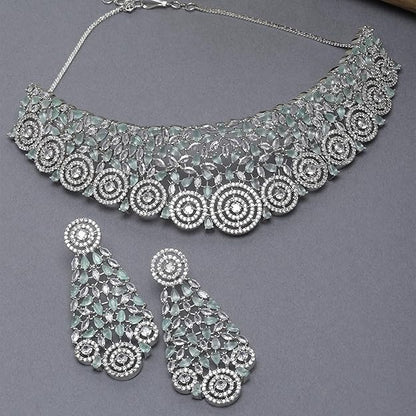 American Diamond Necklace Set in Rhodium Plated Silver Toned AD Choker Necklace with Earrings Jewellery Set for Women and Girls