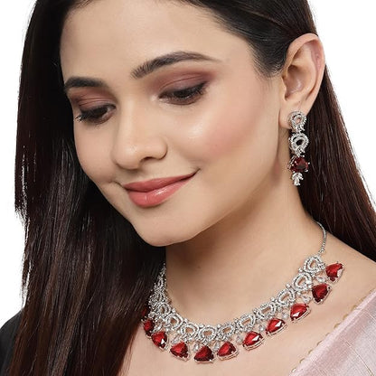 AD Necklace Set in Rhodium Plated Silver Toned Red and White American Diamond Studded Choker Necklace with Drop Earrings