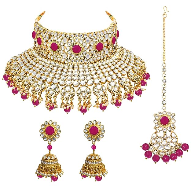 Bridal Necklace and Earring Set in Traditional Kundan Pearl Studded Bridal Choker with Earrings and Maang Tikka Jewellery Set for Women
