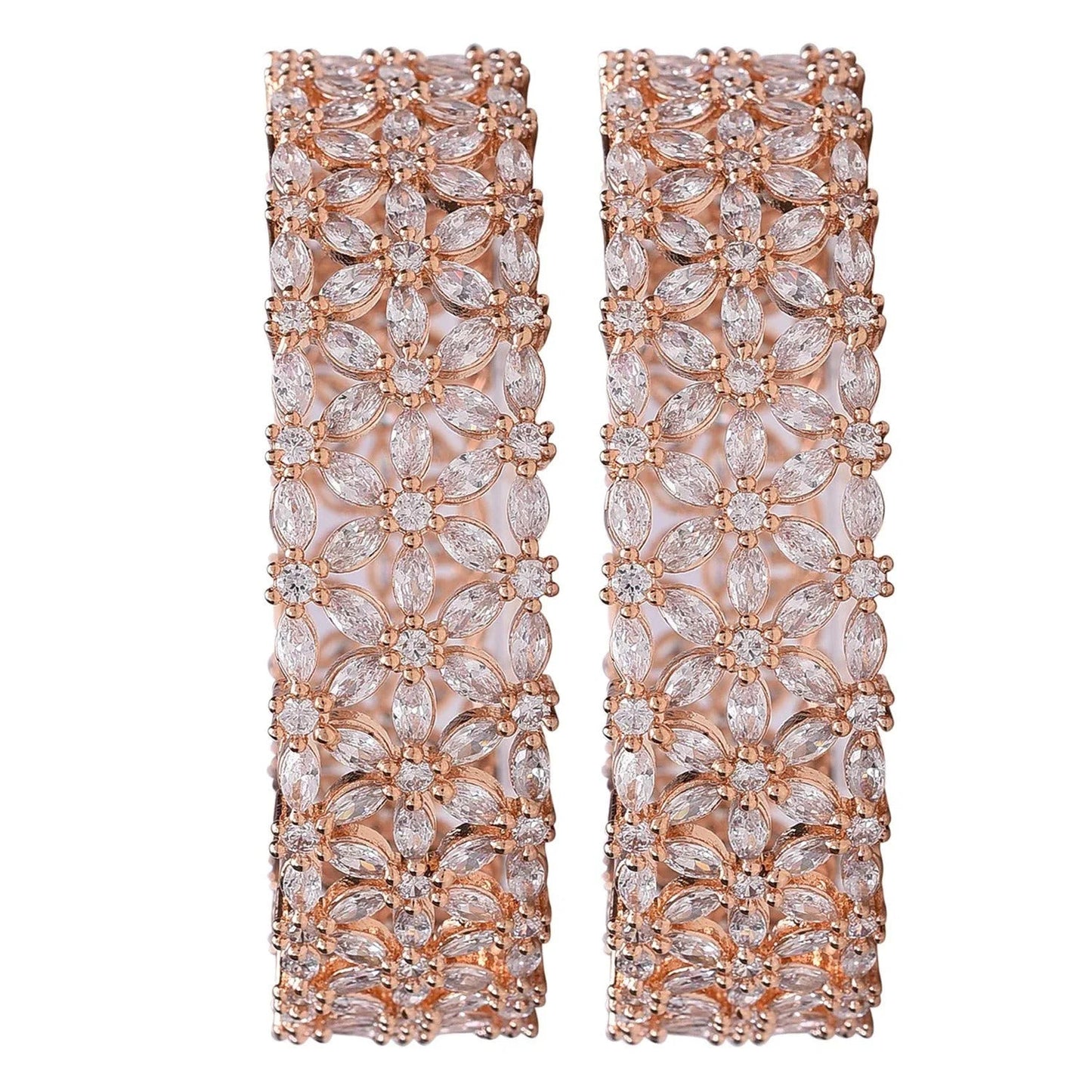 Beautiful CZ Studded Rose Gold Plated Traditional White Heavy Kada Bangles Set for Women