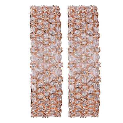 Beautiful CZ Studded Rose Gold Plated Traditional White Heavy Kada Bangles Set for Women