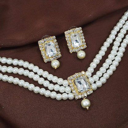Pearl Choker Necklace in Gold Plated Traditional Stone and Pearl Choker Necklace Jewellery Set for Women