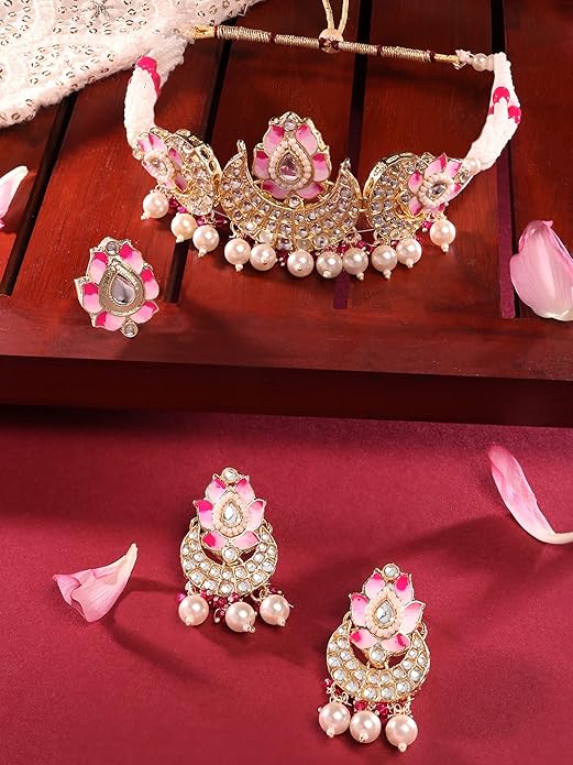 Pink Choker Necklace Meenakari Lotus Design