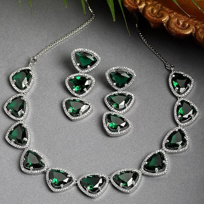 American Diamond Indian Jewellery in Rhodium Plated Silver Toned Triangular Shaped AD Studded Jewellery Set for Women and Girls
