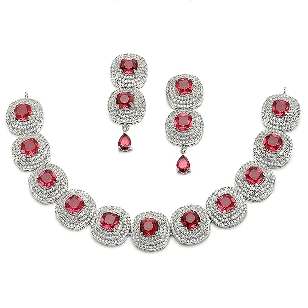 AD Set Jewellery in Rhodium Plated Silver Toned Triangular Shaped American Diamond Studded Jewellery Set