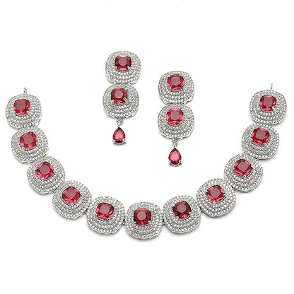 AD Set Jewellery in Rhodium Plated Silver Toned Triangular Shaped American Diamond Studded Jewellery Set