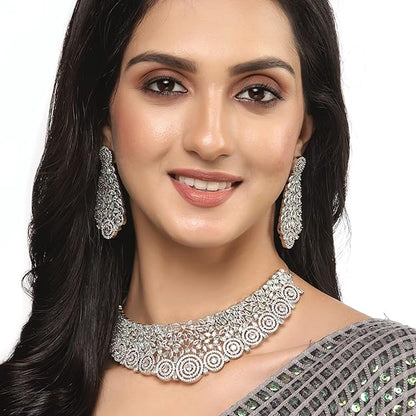 American Diamond Necklace Set in Rhodium Plated Silver Toned AD Choker Necklace with Earrings Jewellery Set for Women and Girls