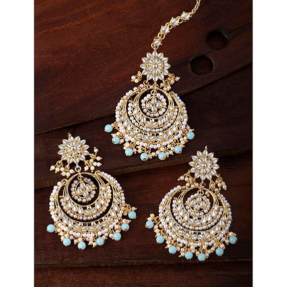 Mang Tikka for Women in Traditional Rhodium Kundan & Pearl Earring Set Design
