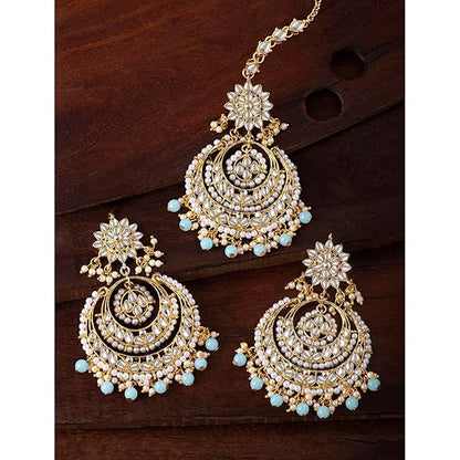 Mang Tikka for Women in Traditional Rhodium Kundan & Pearl Earring Set Design