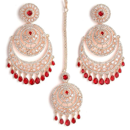 American Diamond Jewelry Set in Rose Gold Plated American Diamond Studded Maang Tikka & Earrings for Women and Girls