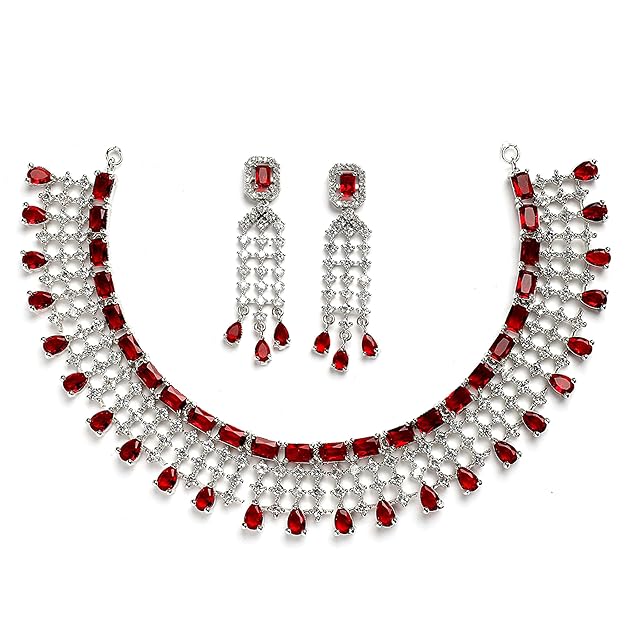 American Diamond Choker Set in Floral Design AD Studded Choker Necklace with Earrings for Women and Girls
