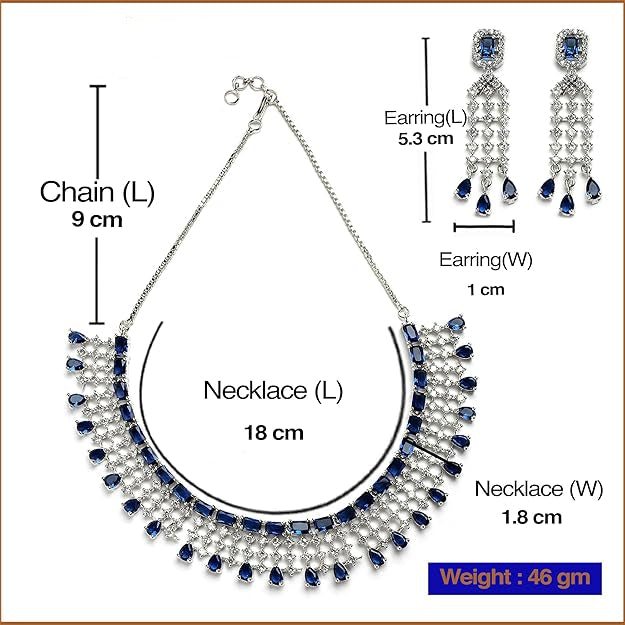 Jewelry set with necklace and earrings, including measurements and brand name 'Desi Dazzling'.