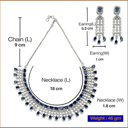 Jewelry set with necklace and earrings, including measurements and brand name 'Desi Dazzling'.