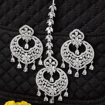 American Diamond Jewelry Set in Rhodium Plated Stylish Shiny Round Design Maang Tikka Earring Jewellery