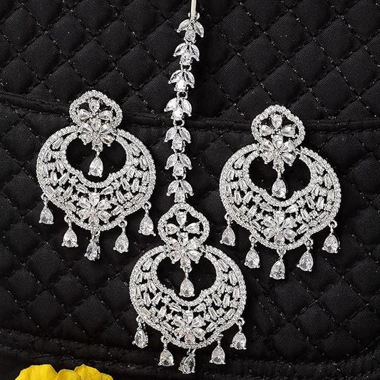 American Diamond Jewelry Set in Rhodium Plated Stylish Shiny Round Design Maang Tikka Earring Jewellery
