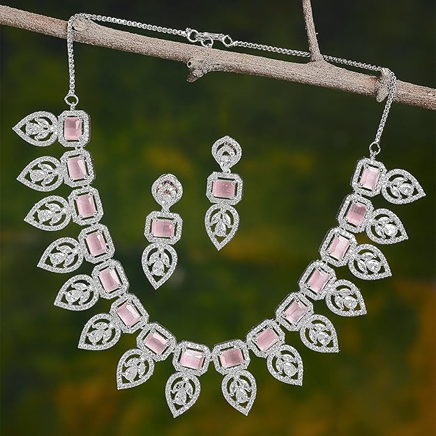 American Diamond Emerald Necklace in Leaf Style Rectangle Shaped AD Studded Rose Gold Plated Necklace Jewellery Set for Women and Girls
