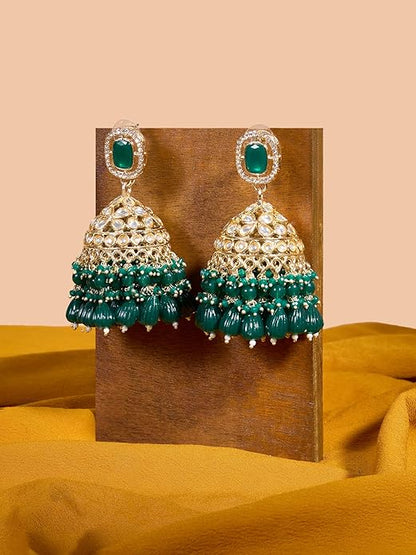 Green Stone Cluster Statement Jhumka Earrings
