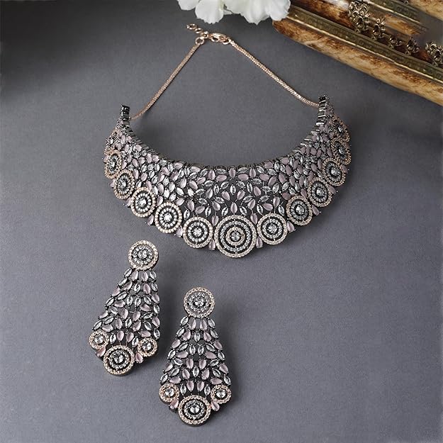 American Diamond Necklace Set in Rhodium Plated Silver Toned AD Choker Necklace with Earrings Jewellery Set for Women and Girls