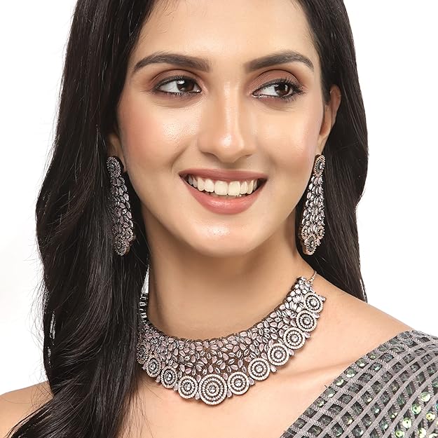 American Diamond Necklace Set in Rhodium Plated Silver Toned AD Choker Necklace with Earrings Jewellery Set for Women and Girls