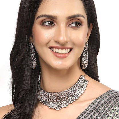 American Diamond Necklace Set in Rhodium Plated Silver Toned AD Choker Necklace with Earrings Jewellery Set for Women and Girls