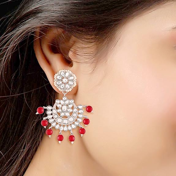 Traditional Earrings India in Rhodium Plated Kundan & Faux Pearl Chandbali Maang Tikka Set
