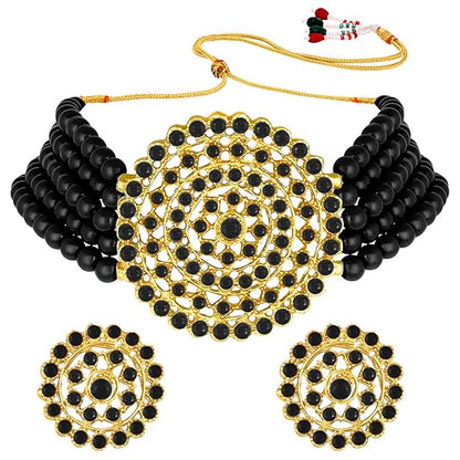 Women's Necklace and Earring Set in Pearl Choker Necklace with Round Earrings Jewellery Gift Set