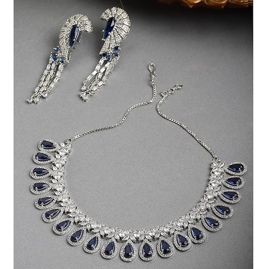 Blue American Diamond Necklace in Rhodium Plated Silver Toned White AD Studded Necklace and Earrings Jewellery Set