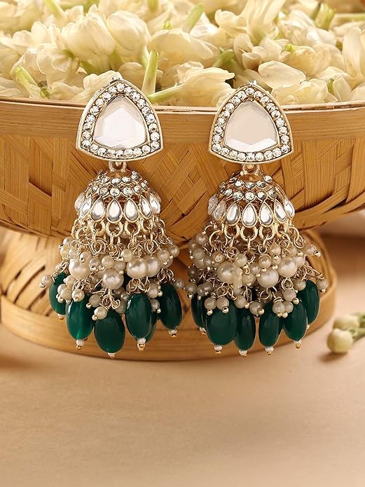 Green Stone Cluster Jhumka Drop Earrings
