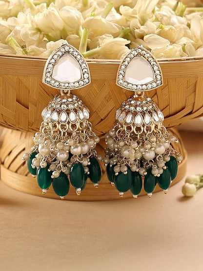 Green Stone Cluster Jhumka Drop Earrings