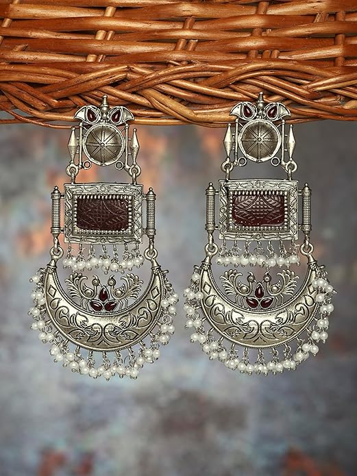 Maroon Stone Beads Oxidised Dangle Earrings