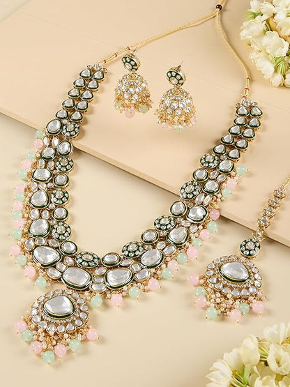 Pink Long Necklace Meenakari Bridal Set