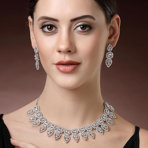 American Diamond Emerald Necklace in Leaf Style Rectangle Shaped AD Studded Rose Gold Plated Necklace Jewellery Set for Women and Girls