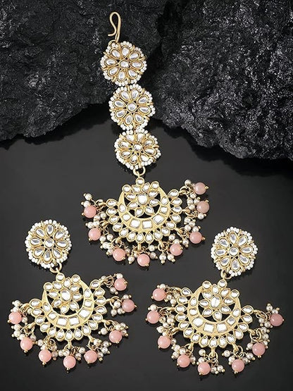 Mang Tikka for Women in 18K Gold Plated Matte Finish Kundan & Faux Pearl Chandbali Set