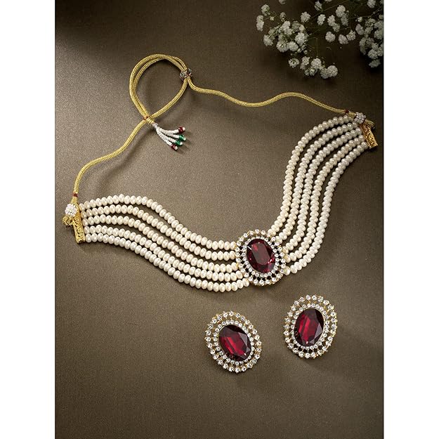 Choker Necklace in Gold Plated Traditional Stone Studded Pearl Choker Necklace Jewellery Set for Women and Girls