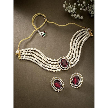 Choker Necklace in Gold Plated Traditional Stone Studded Pearl Choker Necklace Jewellery Set for Women and Girls