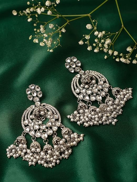 Antique Silver Kundan AD Jhumki Earrings