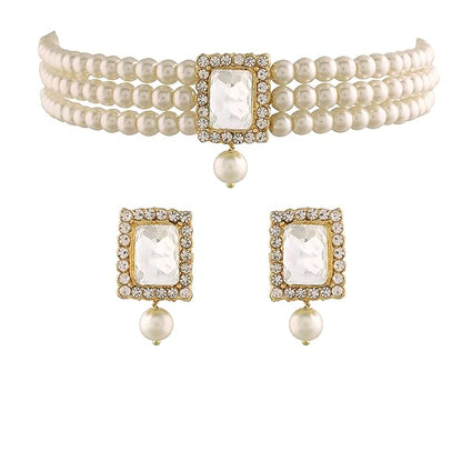 Pearl Choker Necklace in Gold Plated Traditional Stone and Pearl Choker Necklace Jewellery Set for Women