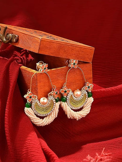 Green And Peach Stone Crescent Dangle Earrings