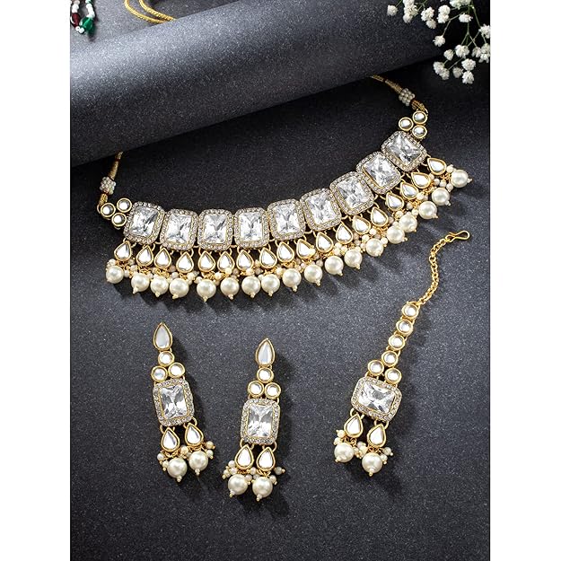 Crystal Collar Necklace in Faux Pearl and Kundan Style Necklace Jewellery Set for Women