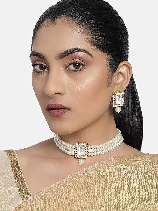 Pearl Choker Necklace in Gold Plated Traditional Stone and Pearl Choker Necklace Jewellery Set for Women
