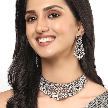 American Diamond Necklace Set in Rhodium Plated Silver Toned AD Choker Necklace with Earrings Jewellery Set for Women and Girls