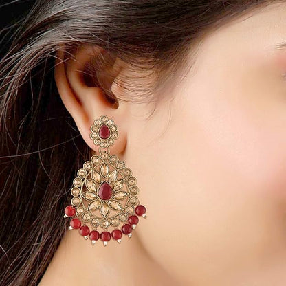 Kundan Chandbali Earrings in Gold Plated Antique Finish Bridal Maang Tikka Set