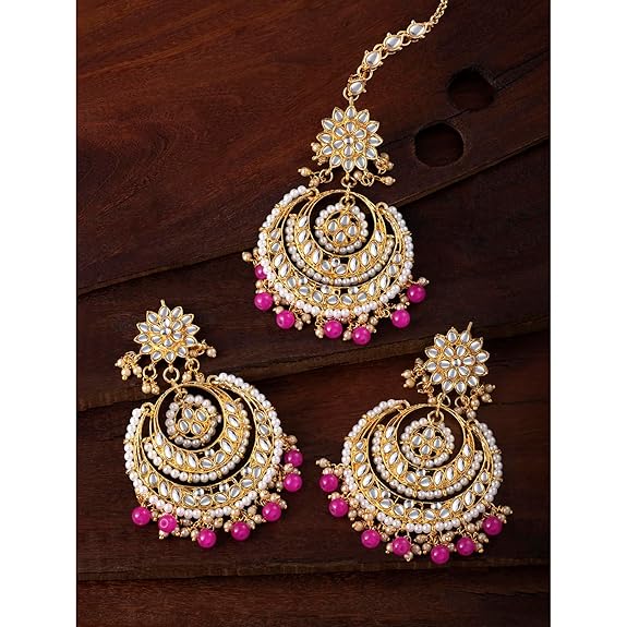 Mang Tikka for Women in Traditional Rhodium Kundan & Pearl Earring Set Design