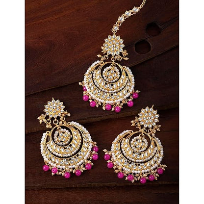 Mang Tikka for Women in Traditional Rhodium Kundan & Pearl Earring Set Design