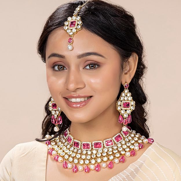 Crystal Choker Necklace with Maang Tikka and Earrings Indian Traditional Bridal Wedding Jewellery Set for Women