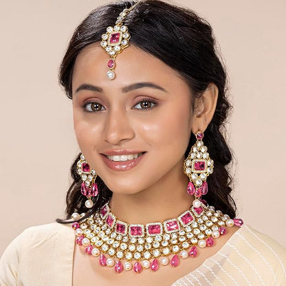 Crystal Choker Necklace with Maang Tikka and Earrings Indian Traditional Bridal Wedding Jewellery Set for Women